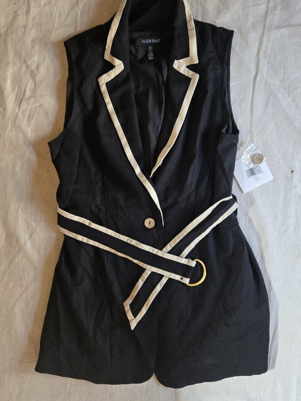 Ellen Tracy Black Sleeveless Belted Blazer  with Cream Trim, Linen Blend Sz S